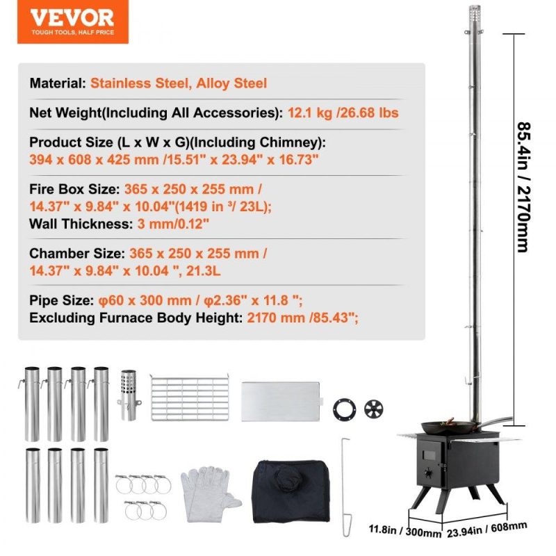 Patio Furniture & Accessories | Wood Stove, 86 inch, Alloy Steel Camping Tent Stove, Portable Wood Burning Stove with Chimney Pipes & Gloves, 1400in³Firebox Hot Tent Stove for Outdoor Cooking and Heating with 8 Pipes Lawn & Garden Patio Furniture & Accessories