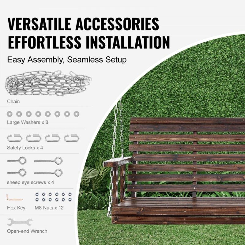 Patio Furniture & Accessories | Wooden Porch Swing 4.5 ft, Patio bench swing for Courtyard & Garden, Upgraded 880 lbs Strong Load Capacity, Heavy Duty Swing Chair Bench with Hanging Chains for Outdoors, Carbonized Brown Carbonization Color Lawn & Garden Carbonization Color