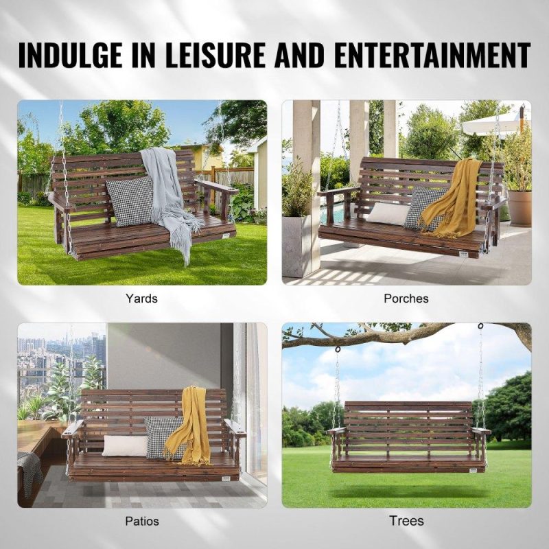 Patio Furniture & Accessories | Wooden Porch Swing 4.5 ft, Patio bench swing for Courtyard & Garden, Upgraded 880 lbs Strong Load Capacity, Heavy Duty Swing Chair Bench with Hanging Chains for Outdoors, Carbonized Brown Carbonization Color Lawn & Garden Carbonization Color