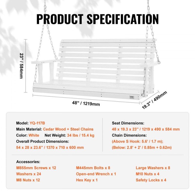 Patio Furniture & Accessories | Wooden Porch Swing 4.5 ft, Patio bench swing for Courtyard & Garden, Upgraded 880 lbs Strong Load Capacity, Heavy Duty Swing Chair Bench with Hanging Chains for Outdoors, White White Lawn & Garden Patio Furniture & Accessories