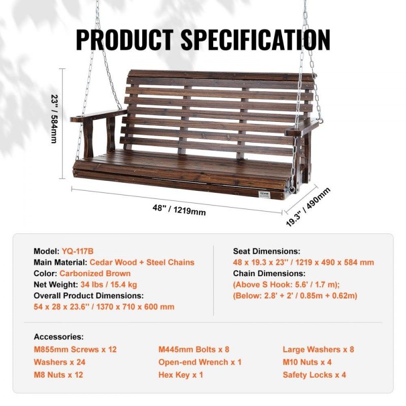 Patio Furniture & Accessories | Wooden Porch Swing 4.5 ft, Patio bench swing for Courtyard & Garden, Upgraded 880 lbs Strong Load Capacity, Heavy Duty Swing Chair Bench with Hanging Chains for Outdoors, Carbonized Brown Carbonization Color Lawn & Garden Carbonization Color