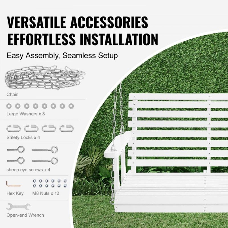 Patio Furniture & Accessories | Wooden Porch Swing 4 ft, Patio bench swing for Courtyard & Garden, Upgraded 880 lbs Strong Load Capacity, Heavy Duty Swing Chair Bench with Hanging Chains for Outdoors, White White Lawn & Garden Patio Furniture & Accessories