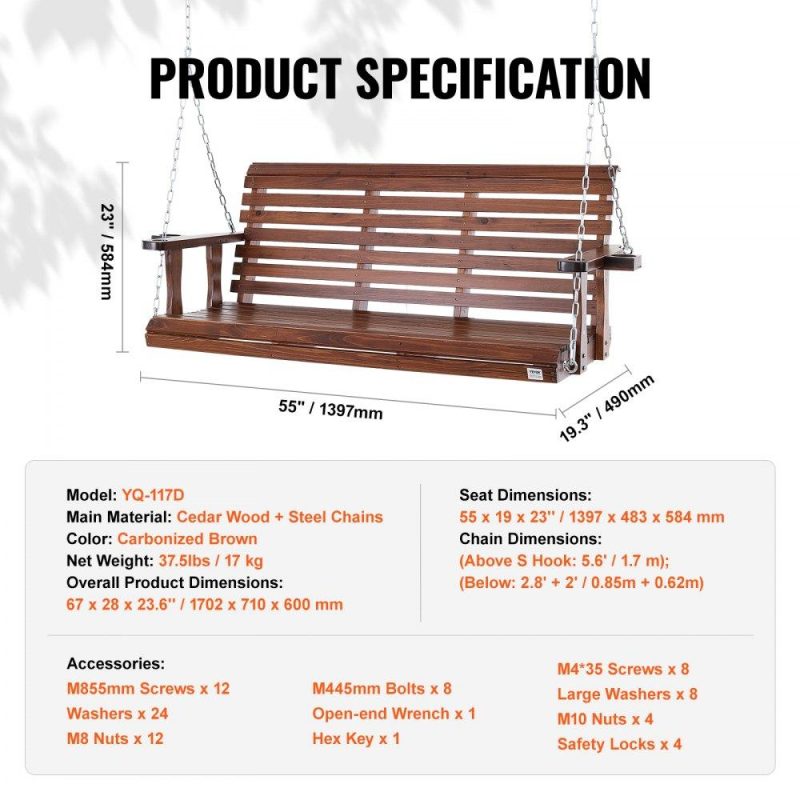 Patio Furniture & Accessories | Wooden Porch Swing 5.5 ft, Patio bench swing for Courtyard & Garden, Upgraded 880 lbs Strong Load Capacity, Heavy Duty Swing Chair Bench with Hanging Chains for Outdoors, Brown Brown Lawn & Garden Brown