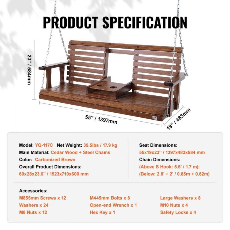 Patio Furniture & Accessories | Wooden Porch Swing 5 ft, Patio bench swing for Courtyard & Garden, Upgraded 880 lbs Strong Load Capacity, Heavy Duty Swing Chair Bench with Hanging Chains for Outdoors, Brown Brown Lawn & Garden Brown