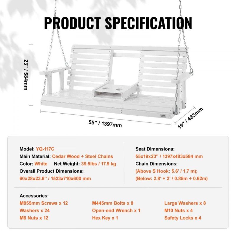 Patio Furniture & Accessories | Wooden Porch Swing 5 ft, Patio bench swing for Courtyard & Garden, Upgraded 880 lbs Strong Load Capacity, Heavy Duty Swing Chair Bench with Hanging Chains for Outdoors, White White Lawn & Garden Patio Furniture & Accessories