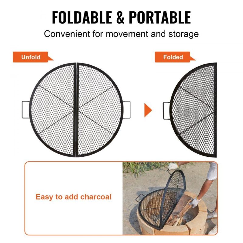 Patio Furniture & Accessories | X-Marks Fire Pit Grill Grate, Foldable Round Cooking Grate, Heavy Duty Steel Campfire BBQ Grill Grid with Handle and Support X Wire, Portable Camping Cookware for Outside Party, 36 Inch Black Lawn & Garden Patio Furniture & Accessories