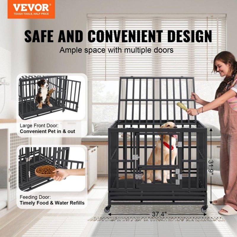 Pet Supplies | 38 Inch Heavy Duty Dog Crate, Indestructible Dog Crate, 3-Door Heavy Duty Dog Kennel for Medium to Large Dogs with Lockable Wheels and Removable Tray, High Anxiety Dog Crate for Indoor & Outdoor Agriculture & Forestry Equipment Pet Supplies