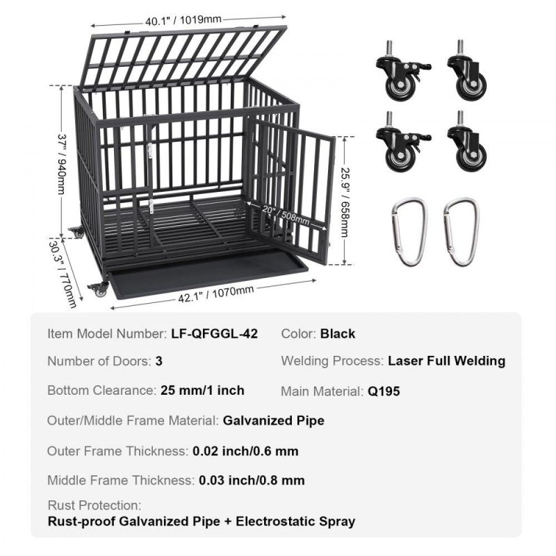 Pet Supplies | 42 Inch Heavy Duty Dog Crate, Indestructible Dog Crate, 3-Door Heavy Duty Dog Kennel for Medium to Large Dogs with Lockable Wheels and Removable Tray, High Anxiety Dog Crate for Indoor & Outdoor Agriculture & Forestry Equipment Pet Supplies