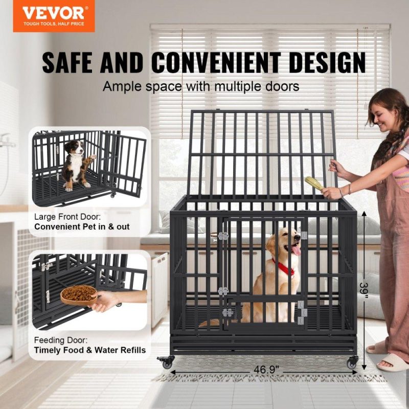 Pet Supplies | 47 Inch Heavy Duty Dog Crate, Indestructible Dog Crate, 3-Door Heavy Duty Dog Kennel for Medium to Large Dogs with Lockable Wheels and Removable Tray, High Anxiety Dog Crate for Indoor & Outdoor Agriculture & Forestry Equipment Pet Supplies