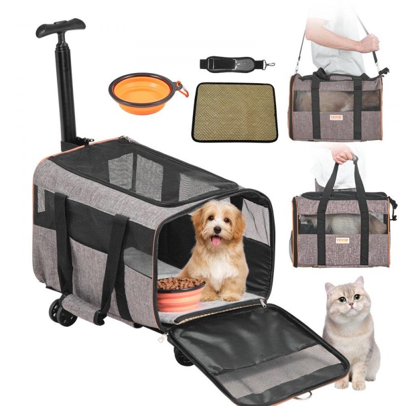 Pet Supplies | Cat Carrier with Wheels, Airline Approved Rolling Pet Carrier with Telescopic Handle and Shoulder Strap, Dog Carrier with Wheels for Pets under 22 lbs, with 1 Folding Bowl, Grey Agriculture & Forestry Equipment Pet Supplies