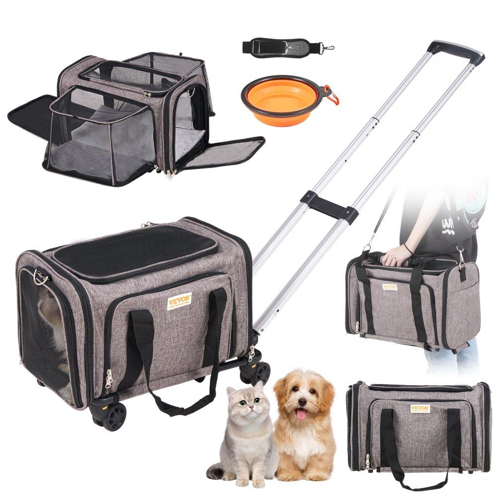 Pet Supplies | Cat Carrier with Wheels, Airline Approved Rolling Pet Carrier with Telescopic Handle and Shoulder Strap, Dog Carrier with Wheels for Pets under 25 lbs, with 1 Folding Bowl, Grey Agriculture & Forestry Equipment Pet Supplies