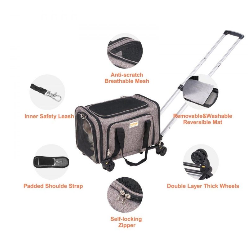 Pet Supplies | Cat Carrier with Wheels, Airline Approved Rolling Pet Carrier with Telescopic Handle and Shoulder Strap, Dog Carrier with Wheels for Pets under 25 lbs, with 1 Folding Bowl, Grey Agriculture & Forestry Equipment Pet Supplies