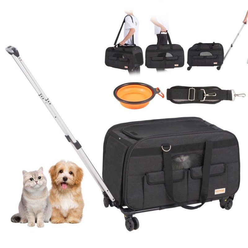 Pet Supplies | Cat Carrier with Wheels, Rolling Pet Carrier with Telescopic Handle and Shoulder Strap, Dog Carrier with Wheels for Pets under 35 lbs, with 1 Folding Bowl, Black Agriculture & Forestry Equipment Pet Supplies