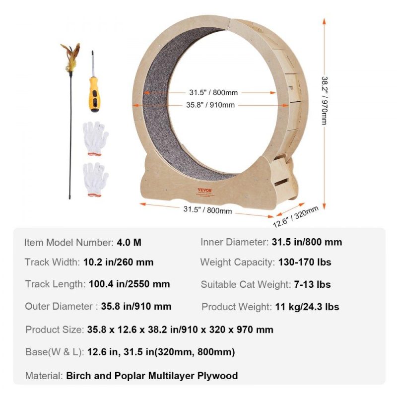 Pet Supplies | Cat Exercise Wheel, Large Cat Treadmill Wheel for Indoor Cats, 35.8 inch Cat Running Wheel with Detachable Carpet and Cat Teaser for Running/Walking/Training, Suitable for Most Cats Agriculture & Forestry Equipment Pet Supplies