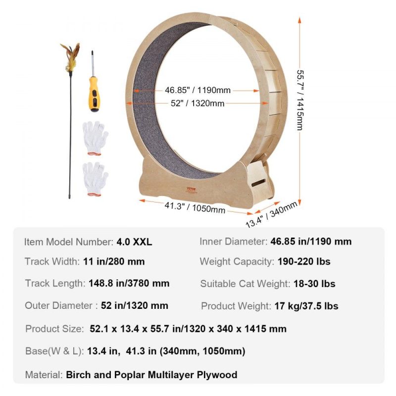 Pet Supplies | Cat Exercise Wheel, Large Cat Treadmill Wheel for Indoor Cats, 52 inch Cat Running Wheel with Detachable Carpet and Cat Teaser for Running/Walking/Training, Suitable for Most Cats Agriculture & Forestry Equipment Pet Supplies