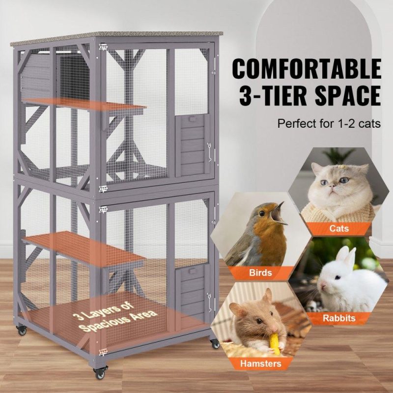 Pet Supplies | Cat House Outdoor, 3-Tier Large Catio, Cat Enclosure with 360° Rotating Casters, 2 Platforms, A Resting Box and Large Front Door, 29.9 x 34 x 64.1 inch Agriculture & Forestry Equipment Pet Supplies