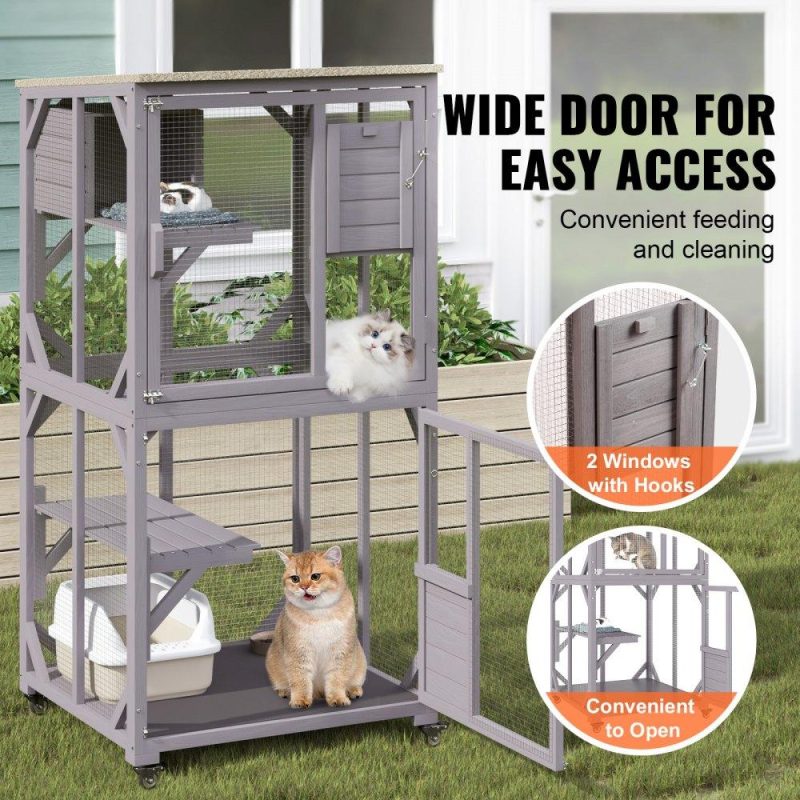 Pet Supplies | Cat House Outdoor, 3-Tier Large Catio, Cat Enclosure with 360° Rotating Casters, 2 Platforms, A Resting Box and Large Front Door, 29.9 x 34 x 64.1 inch Agriculture & Forestry Equipment Pet Supplies