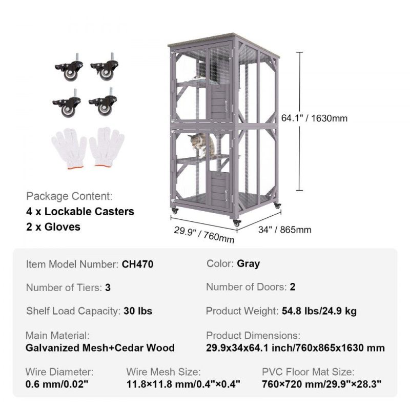 Pet Supplies | Cat House Outdoor, 3-Tier Large Catio, Cat Enclosure with 360° Rotating Casters, 2 Platforms, A Resting Box and Large Front Door, 29.9 x 34 x 64.1 inch Agriculture & Forestry Equipment Pet Supplies