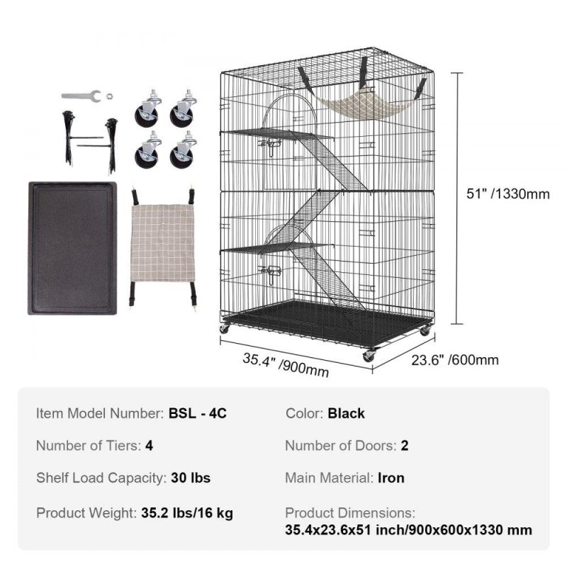 Pet Supplies | Catio, 4-Tier Large Cat Cages Indoor, Detachable Metal Playpen Enclosure with 360° Rotating Casters, with 3 Ladders and a Hammock for 1-3 Cats, 35.4×23.6×51 inch Agriculture & Forestry Equipment Pet Supplies