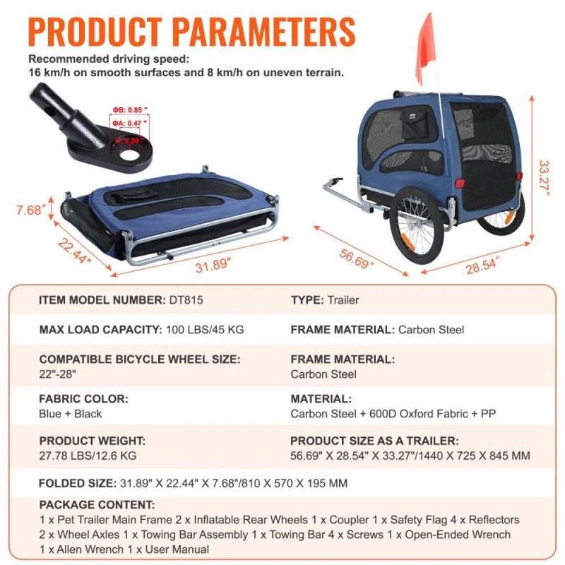 Pet Supplies | Dog Bike Trailer, Supports up to 100 lbs, Pet Cart Bicycle Carrier, Easy Folding Frame with Quick Release Wheels, Universal Bicycle Coupler, Reflectors, Flag, Collapsible to Store, Blue/Black Agriculture & Forestry Equipment Pet Supplies