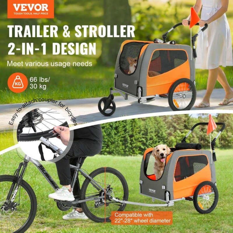 Pet Supplies | Dog Bike Trailer, Supports up to 66 lbs, 2-in-1 Pet Stroller Cart Bicycle Carrier, Easy Folding Cart Frame with Quick Release Wheels, Universal Bicycle Coupler, Reflectors, Flag, Orange/Gray Agriculture & Forestry Equipment Pet Supplies