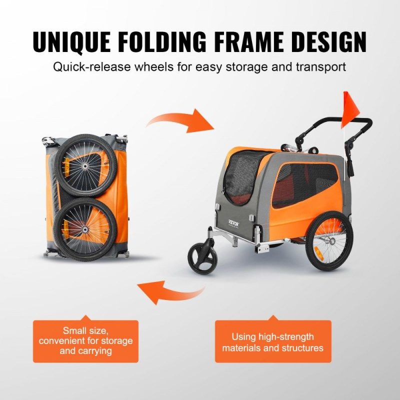 Pet Supplies | Dog Bike Trailer, Supports up to 66 lbs, 2-in-1 Pet Stroller Cart Bicycle Carrier, Easy Folding Cart Frame with Quick Release Wheels, Universal Bicycle Coupler, Reflectors, Flag, Orange/Gray Agriculture & Forestry Equipment Pet Supplies