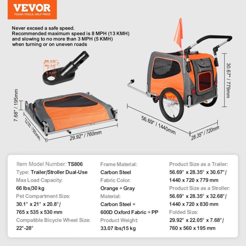 Pet Supplies | Dog Bike Trailer, Supports up to 66 lbs, 2-in-1 Pet Stroller Cart Bicycle Carrier, Easy Folding Cart Frame with Quick Release Wheels, Universal Bicycle Coupler, Reflectors, Flag, Orange/Gray Agriculture & Forestry Equipment Pet Supplies