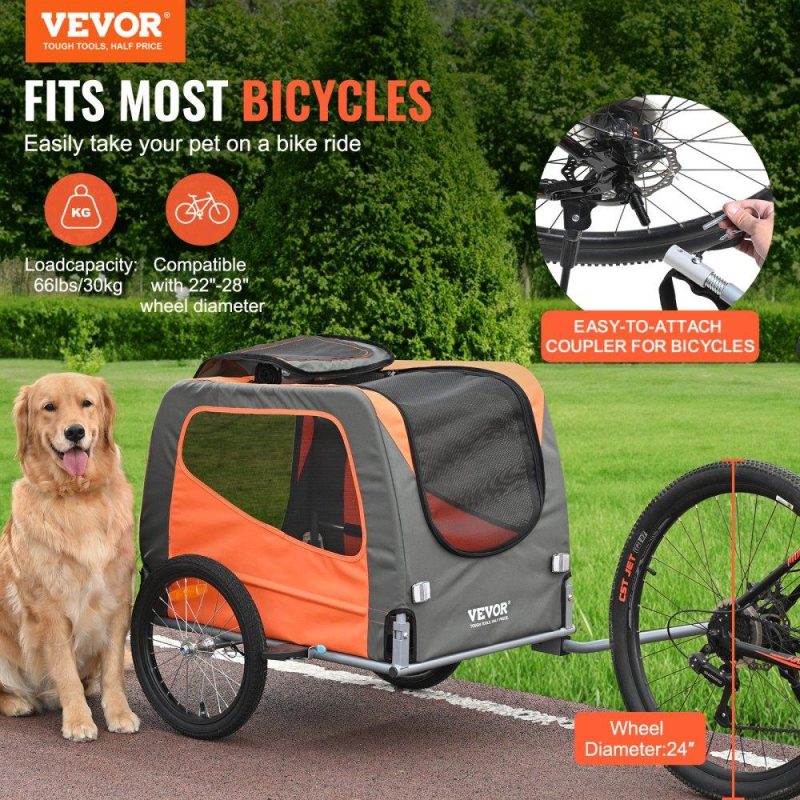 Pet Supplies | Dog Bike Trailer, Supports up to 66 lbs, Pet Cart Bicycle Carrier, Easy Folding Frame with Quick Release Wheels, Universal Bicycle Coupler, Reflectors, Flag, Collapsible to Store, Orange/Gray Agriculture & Forestry Equipment Pet Supplies