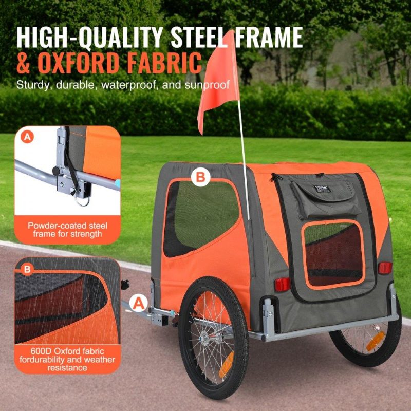 Pet Supplies | Dog Bike Trailer, Supports up to 66 lbs, Pet Cart Bicycle Carrier, Easy Folding Frame with Quick Release Wheels, Universal Bicycle Coupler, Reflectors, Flag, Collapsible to Store, Orange/Gray Agriculture & Forestry Equipment Pet Supplies