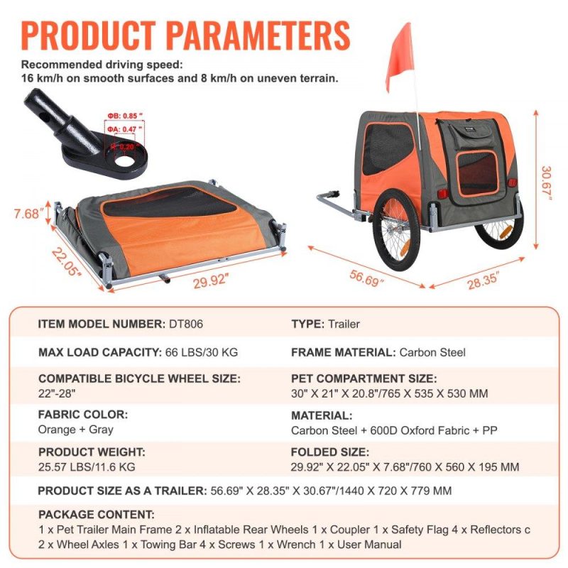 Pet Supplies | Dog Bike Trailer, Supports up to 66 lbs, Pet Cart Bicycle Carrier, Easy Folding Frame with Quick Release Wheels, Universal Bicycle Coupler, Reflectors, Flag, Collapsible to Store, Orange/Gray Agriculture & Forestry Equipment Pet Supplies