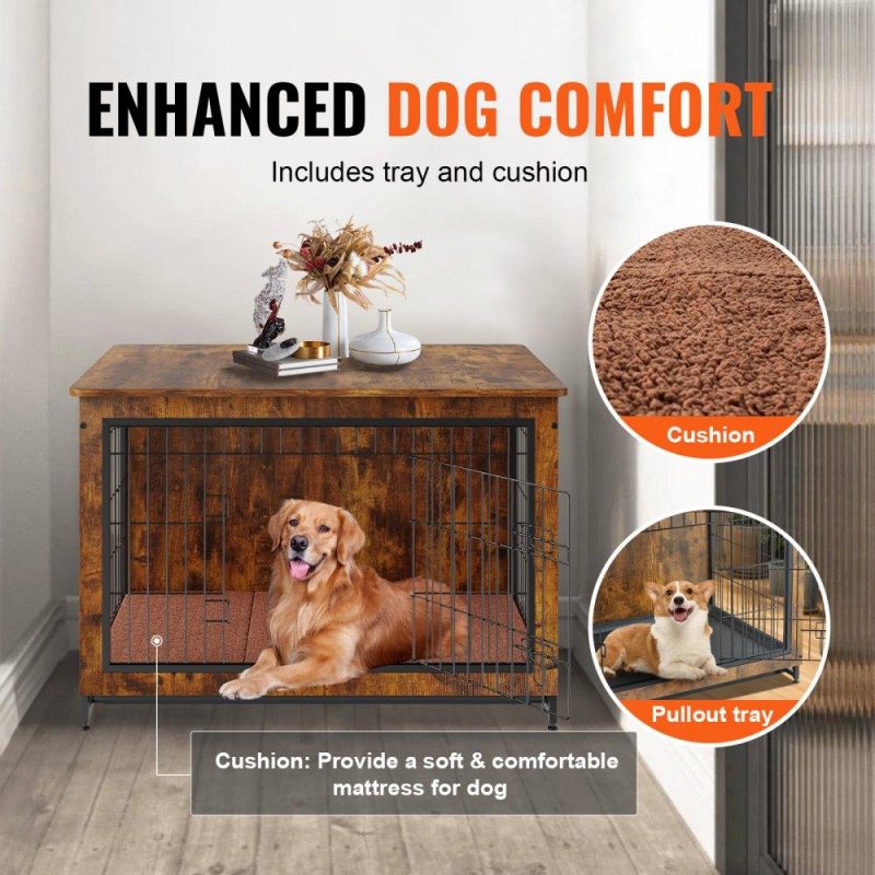 Pet Supplies | Dog Crate Furniture, 38.6 inch Wooden Dog Crate with Double Doors, Heavy-Duty Dog Cage End Table with Multi-Purpose Removable Tray, Modern Dog Kennel Indoor for Dogs up to 70lb, Rustic Brown Agriculture & Forestry Equipment Pet Supplies