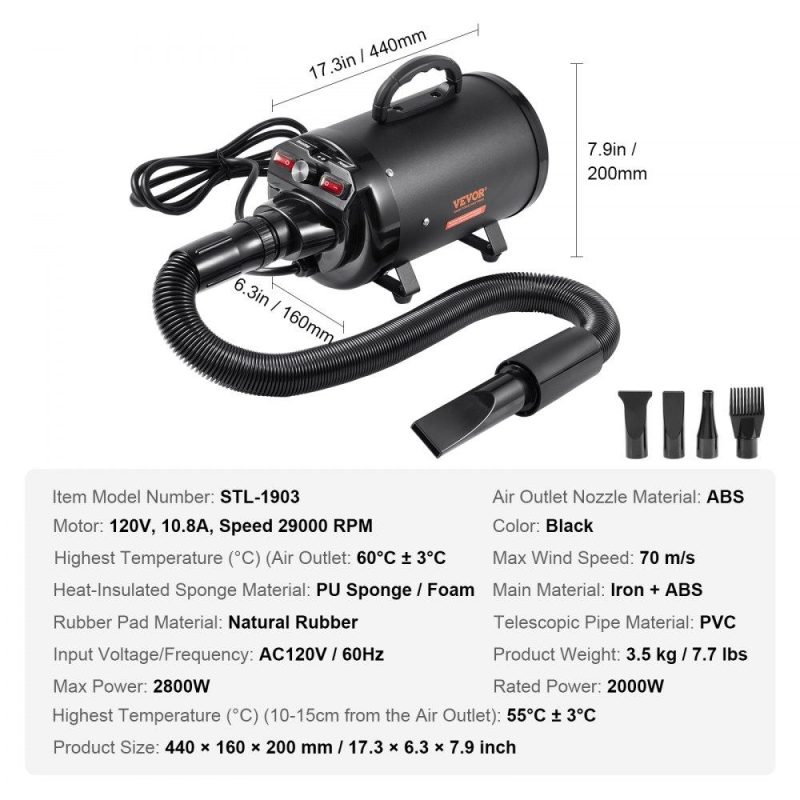 Pet Supplies | Dog Dryer, 2800W/4.3HP Dog Blow Dryer, Pet Grooming Dryer with Adjustable Speed and Temperature Control, Pet Hair Dryer with 4 Nozzles and Extendable Hose, Black Black Agriculture & Forestry Equipment Black