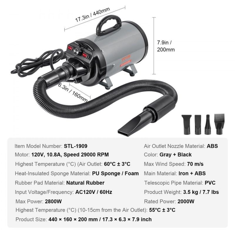 Pet Supplies | Dog Dryer, 2800W/4.3HP Dog Blow Dryer, Pet Grooming Dryer with Adjustable Speed and Temperature Control, Pet Hair Dryer with 4 Nozzles and Extendable Hose, Grey and Black Grey Black Agriculture & Forestry Equipment Grey Black