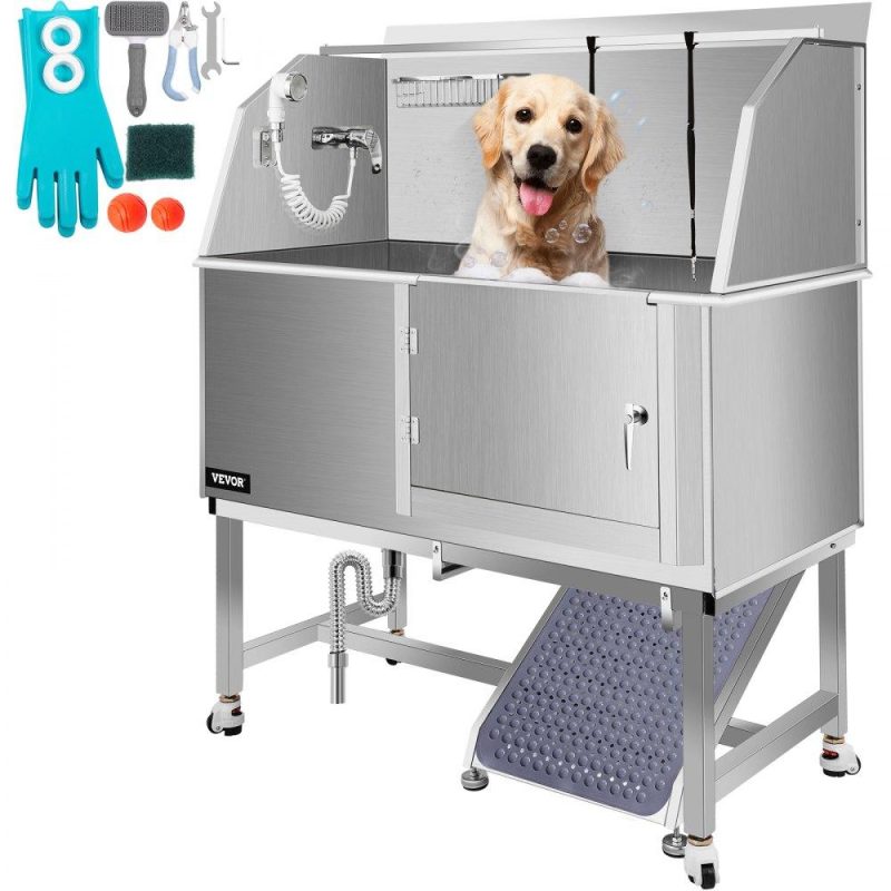 Pet Supplies | Dog Grooming Tub, 50″ R Pet Wash Station, Professional Stainless Steel Pet Grooming Tub Rated 330LBS Load Capacity, Non-Skid Dog Washing Station Comes with Ramp, Faucet, Sprayer and Drain Kit Agriculture & Forestry Equipment Dog Grooming Tub