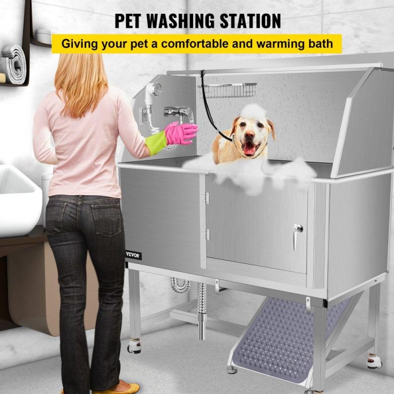 Pet Supplies | Dog Grooming Tub, 50″ R Pet Wash Station, Professional Stainless Steel Pet Grooming Tub Rated 330LBS Load Capacity, Non-Skid Dog Washing Station Comes with Ramp, Faucet, Sprayer and Drain Kit Agriculture & Forestry Equipment Dog Grooming Tub