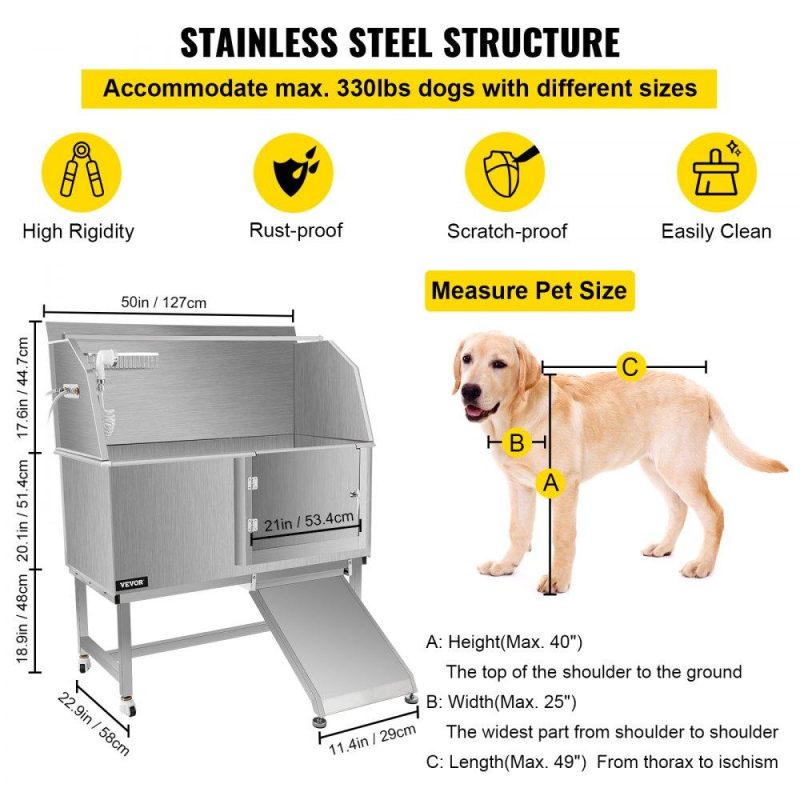 Pet Supplies | Dog Grooming Tub, 50″ R Pet Wash Station, Professional Stainless Steel Pet Grooming Tub Rated 330LBS Load Capacity, Non-Skid Dog Washing Station Comes with Ramp, Faucet, Sprayer and Drain Kit Agriculture & Forestry Equipment Dog Grooming Tub