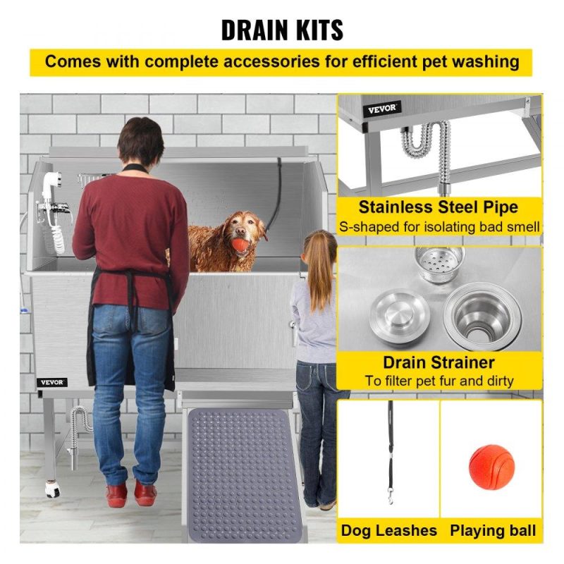 Pet Supplies | Dog Grooming Tub, 50″ R Pet Wash Station, Professional Stainless Steel Pet Grooming Tub Rated 330LBS Load Capacity, Non-Skid Dog Washing Station Comes with Ramp, Faucet, Sprayer and Drain Kit Agriculture & Forestry Equipment Dog Grooming Tub