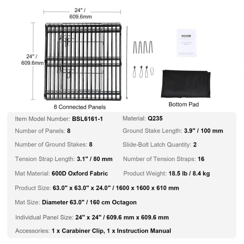 Pet Supplies | Dog Playpen, 8 Panels Foldable Metal Dog Exercise Pen with Bottom Pad, 24″ H Pet Fence Puppy Crate Kennel with Ground Stakes, Indoor Outdoor Dog Pen for Small Medium Pets, for Camping, Yard Agriculture & Forestry Equipment Pet Supplies