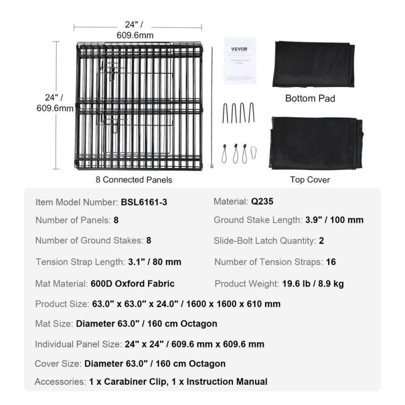 Pet Supplies | Dog Playpen, 8 Panels Foldable Metal Dog Exercise Pen with Top Cover and Bottom Pad, 24″ H Pet Fence Puppy Crate Kennel, Indoor Outdoor Dog Pen for Small Medium Pets, for Camping, Yard Agriculture & Forestry Equipment Pet Supplies