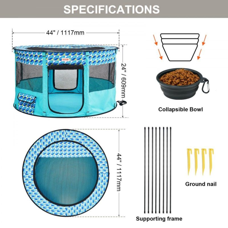 Pet Supplies | Foldable Pet Playpen, 44” x 44” x 24” Portable Dog Playpen, Crate Kennel for Puppy, Dog, Cat, Waterproof 600D Oxford Cloth, Removable Zipper, for Indoor Outdoor Travel Camping (Round, L) Agriculture & Forestry Equipment Pet Supplies