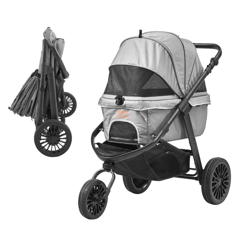 Pet Supplies | Pet Stroller, 3 PU Wheels Dog Stroller Rotate with Brakes, 75 lbs Weight Capacity, Puppy Stroller with Pet Pad, Storage Basket and External Cup Holder, for Small to Medium Sized Dogs, Grey Agriculture & Forestry Equipment Pet Supplies