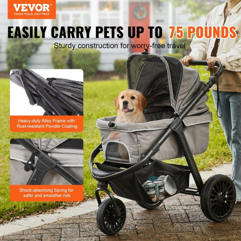 Pet Supplies | Pet Stroller, 3 PU Wheels Dog Stroller Rotate with Brakes, 75 lbs Weight Capacity, Puppy Stroller with Pet Pad, Storage Basket and External Cup Holder, for Small to Medium Sized Dogs, Grey Agriculture & Forestry Equipment Pet Supplies