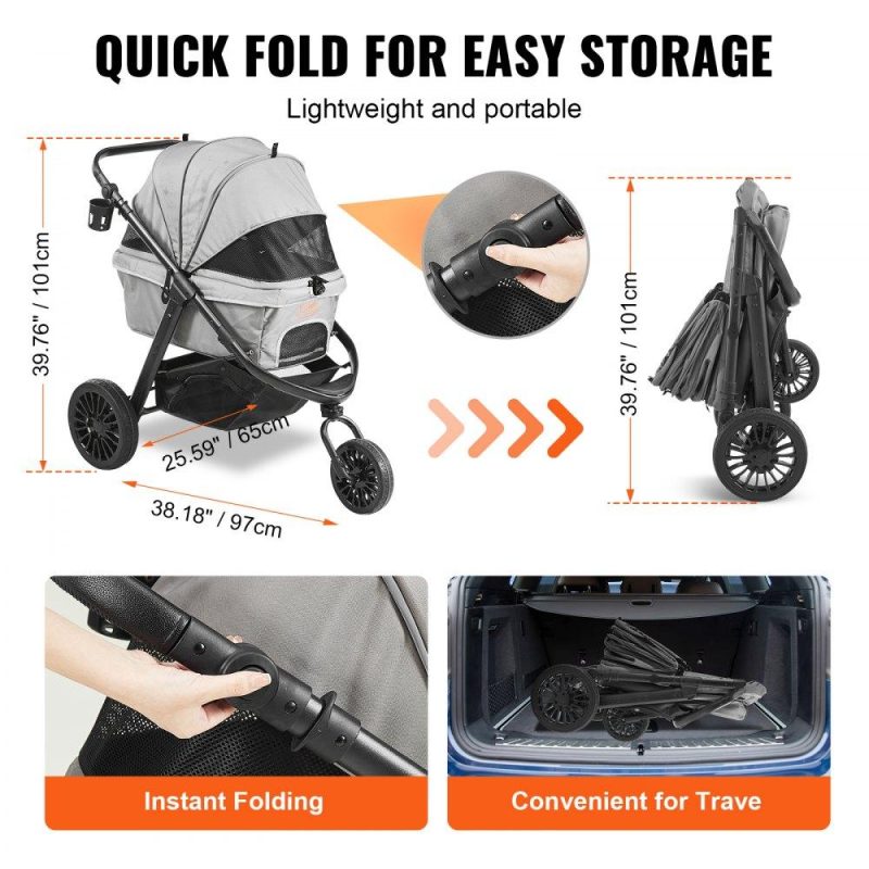 Pet Supplies | Pet Stroller, 3 PU Wheels Dog Stroller Rotate with Brakes, 75 lbs Weight Capacity, Puppy Stroller with Pet Pad, Storage Basket and External Cup Holder, for Small to Medium Sized Dogs, Grey Agriculture & Forestry Equipment Pet Supplies