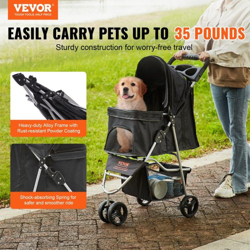 Pet Supplies | Pet Stroller, 3 Wheels Dog Stroller Rotate with Brakes, 35lbs Weight Capacity, Puppy Stroller with Front Pedal, Velcro, Storage Basket and Cup Holder, for Dogs and Cats Travel, Black Agriculture & Forestry Equipment Pet Supplies