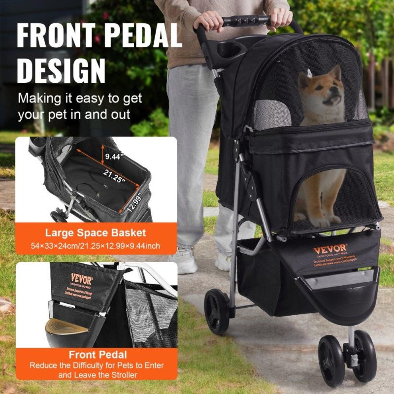 Pet Supplies | Pet Stroller, 3 Wheels Dog Stroller Rotate with Brakes, 35lbs Weight Capacity, Puppy Stroller with Front Pedal, Velcro, Storage Basket and Cup Holder, for Dogs and Cats Travel, Black Agriculture & Forestry Equipment Pet Supplies