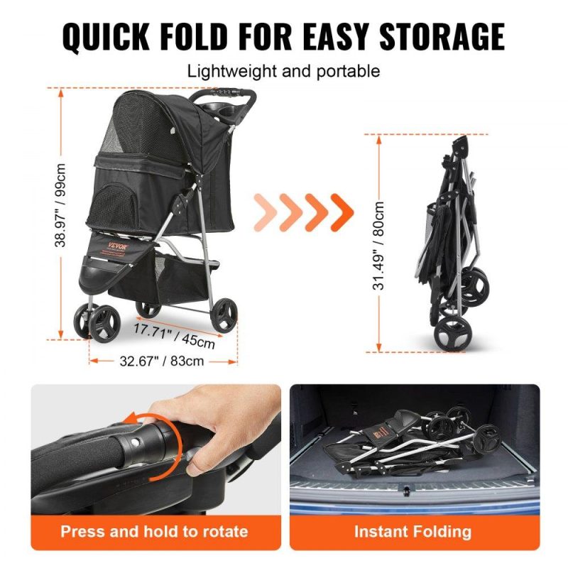 Pet Supplies | Pet Stroller, 3 Wheels Dog Stroller Rotate with Brakes, 35lbs Weight Capacity, Puppy Stroller with Front Pedal, Velcro, Storage Basket and Cup Holder, for Dogs and Cats Travel, Black Agriculture & Forestry Equipment Pet Supplies