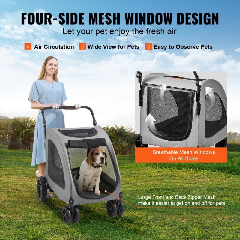 Pet Supplies | Pet Stroller, 4 Wheels Dog Stroller Rotate with Brakes, 160lbs Weight Capacity, Puppy Stroller with Breathable Mesh Windows and Height-Adjustable Height, for Medium and Large Dogs, Dark Grey Agriculture & Forestry Equipment Pet Supplies