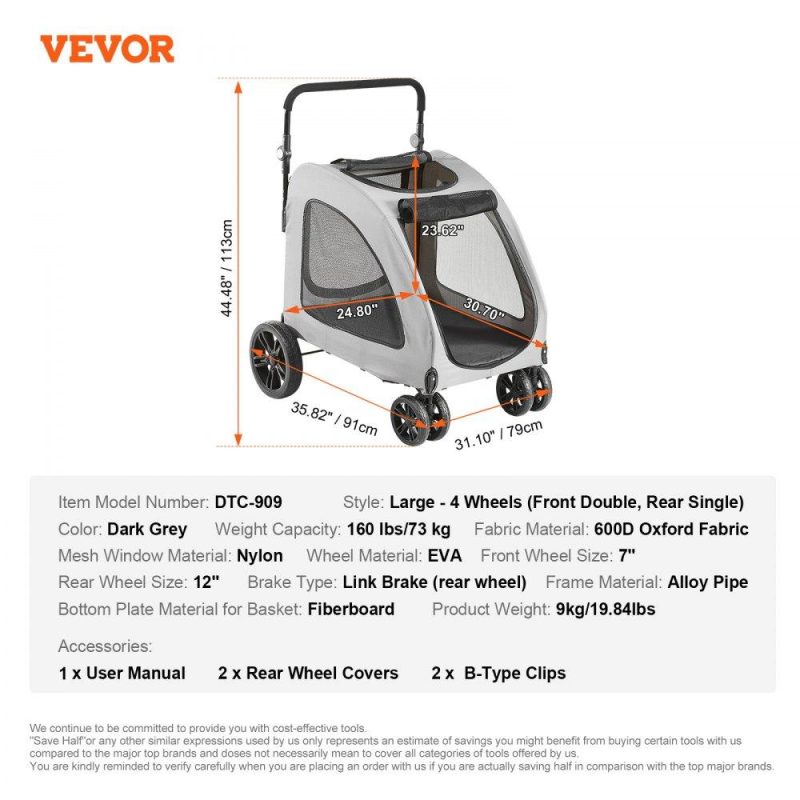 Pet Supplies | Pet Stroller, 4 Wheels Dog Stroller Rotate with Brakes, 160lbs Weight Capacity, Puppy Stroller with Breathable Mesh Windows and Height-Adjustable Height, for Medium and Large Dogs, Dark Grey Agriculture & Forestry Equipment Pet Supplies