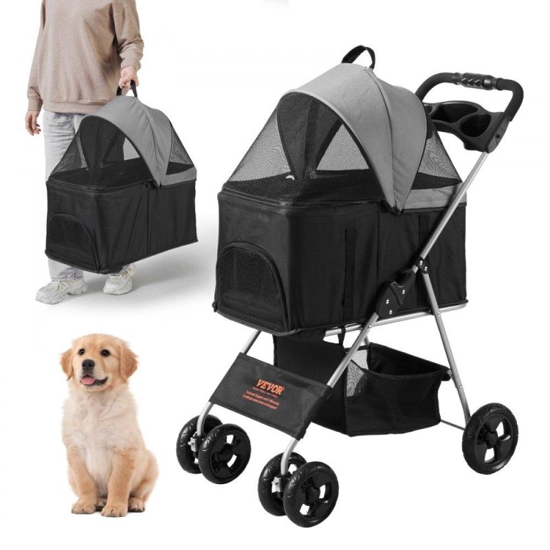 Pet Supplies | Pet Stroller, 4 Wheels Dog Stroller Rotate with Brakes, 35lbs Weight Capacity, Puppy Stroller with Detachable Carrier, Storage Basket and Cup Holder, for Dogs and Cats Travel, Black+Dark Grey Agriculture & Forestry Equipment Pet Supplies