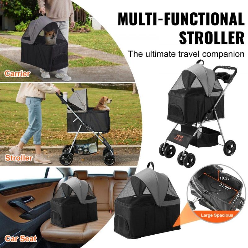 Pet Supplies | Pet Stroller, 4 Wheels Dog Stroller Rotate with Brakes, 35lbs Weight Capacity, Puppy Stroller with Detachable Carrier, Storage Basket and Cup Holder, for Dogs and Cats Travel, Black+Dark Grey Agriculture & Forestry Equipment Pet Supplies